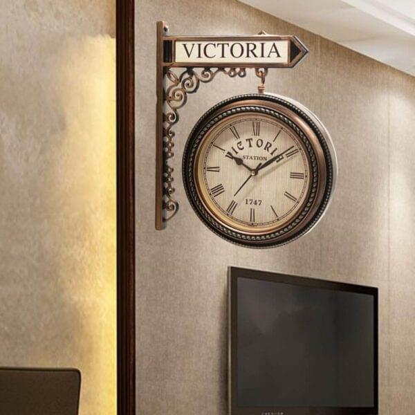 Golden Plastic Wooden Pattern Dual Side Wall Clock - Image 5
